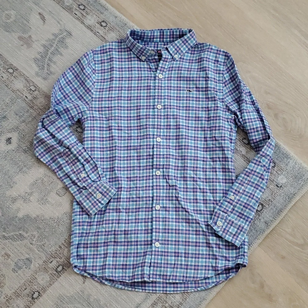 Vineyard Vines Boys Blue Pink Flannel Cotton Whale Shirt Button-up SzM (12-14)